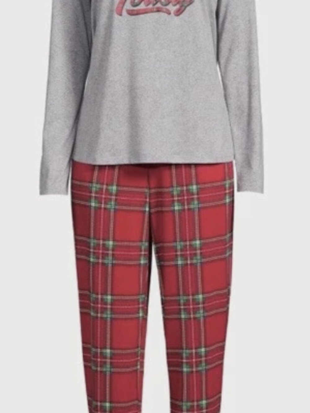 Cozy Gray Holiday Pajama Set with Red Plaid Pants